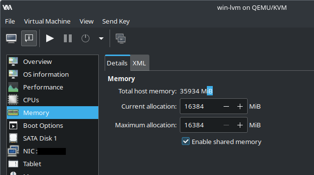 virt-manager - windows vm configration -> memory -> enable shared memory 