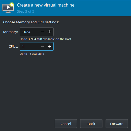 Create a new virtual machine (Step 3) - Memory: 1024MiB, CPU: 1