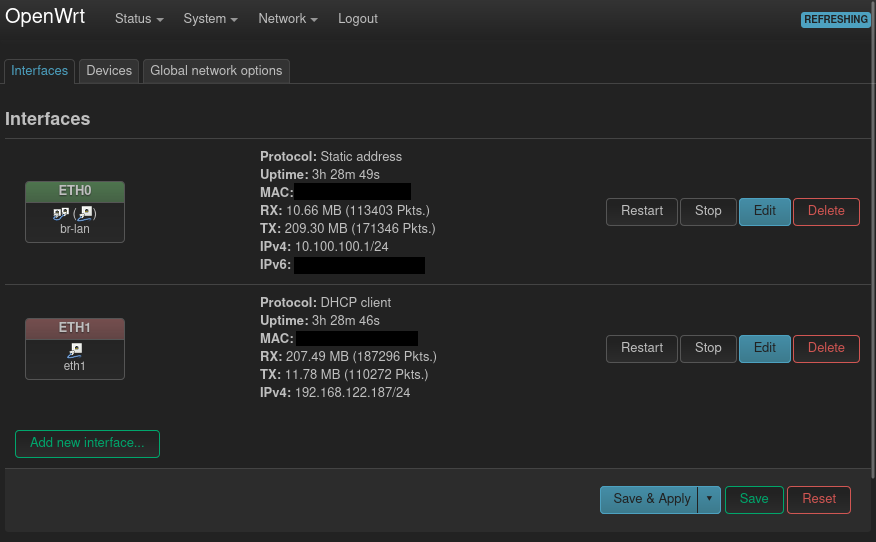 firefox: 10.100.100.1 - LuCI web interface - Configured interfaces