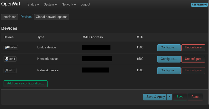 firefox: 10.100.100.1 - LuCI web interface - Network -> Configuration page