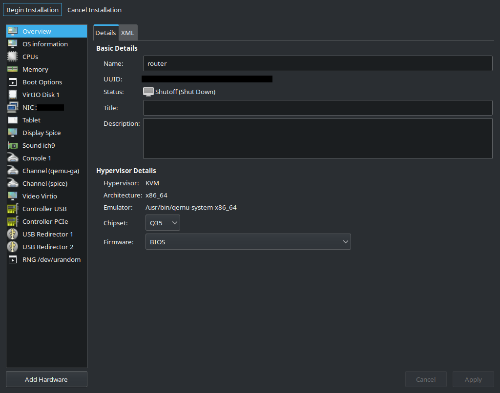 Pre install domain configuration - name: router, chipset: Q35, Firmware: BIOS