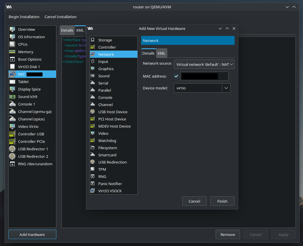 Add New Virtual Hardware -> Add NIC with Virtual Network 'default': NAT