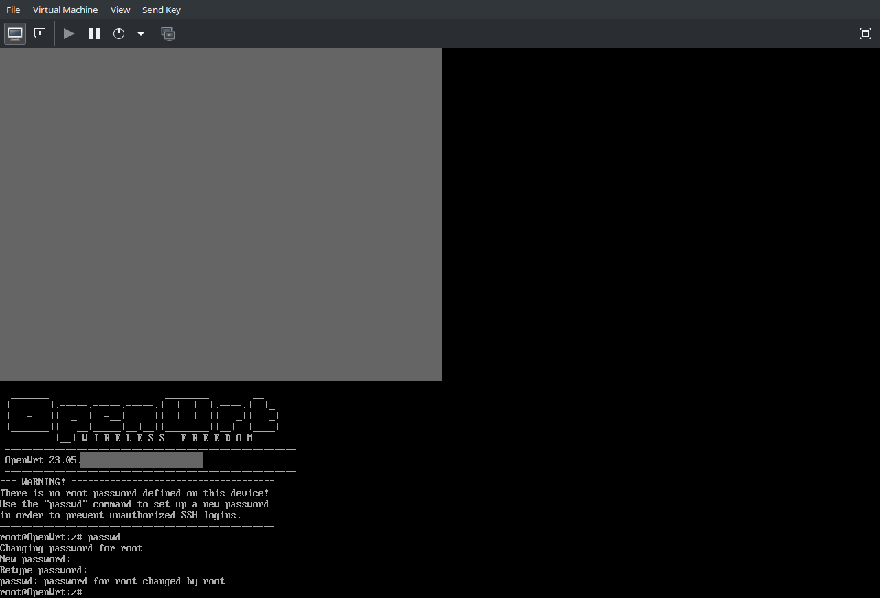 virt-manager router console: set root password using passwd