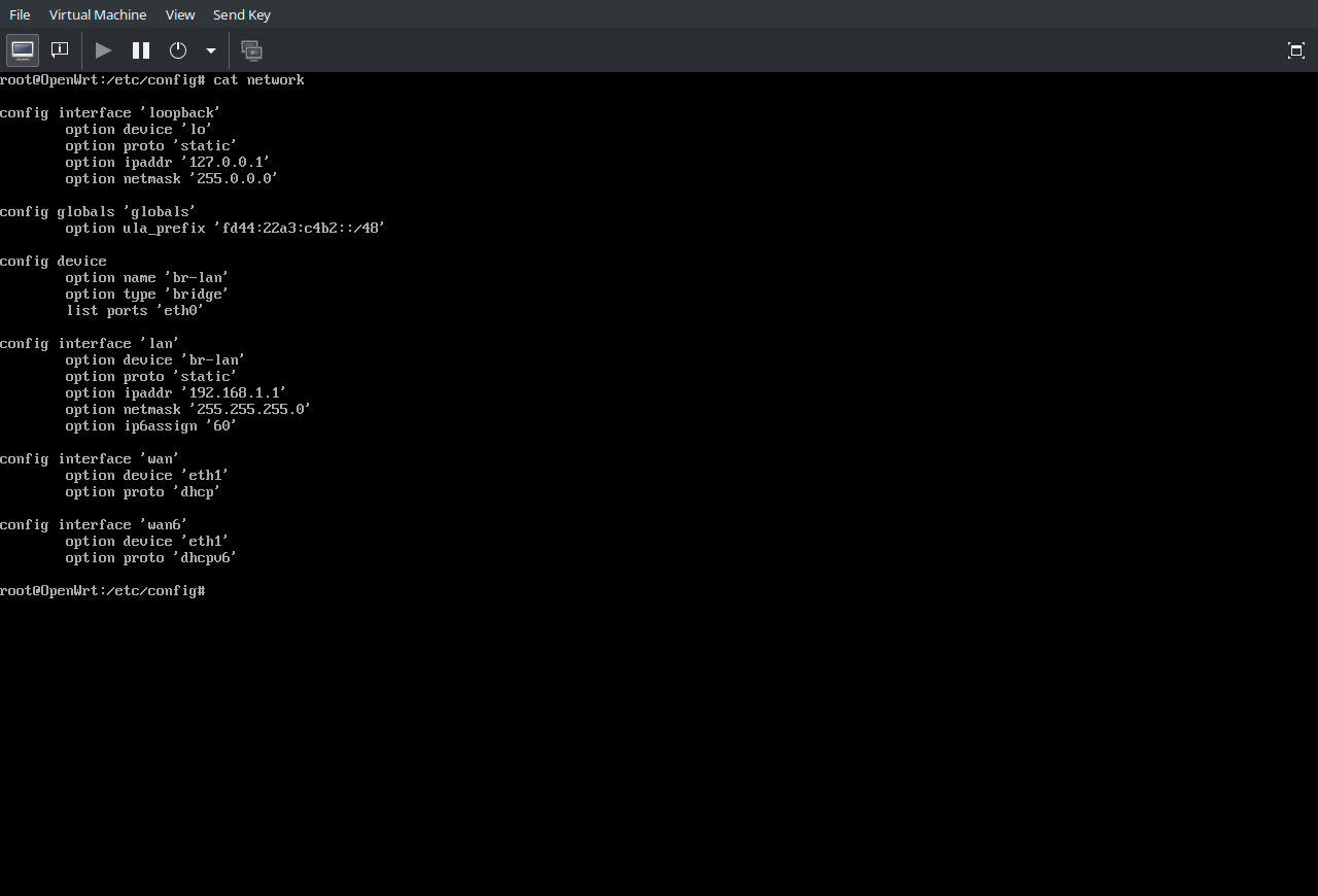 virt-manager router console: cat /etc/network before change