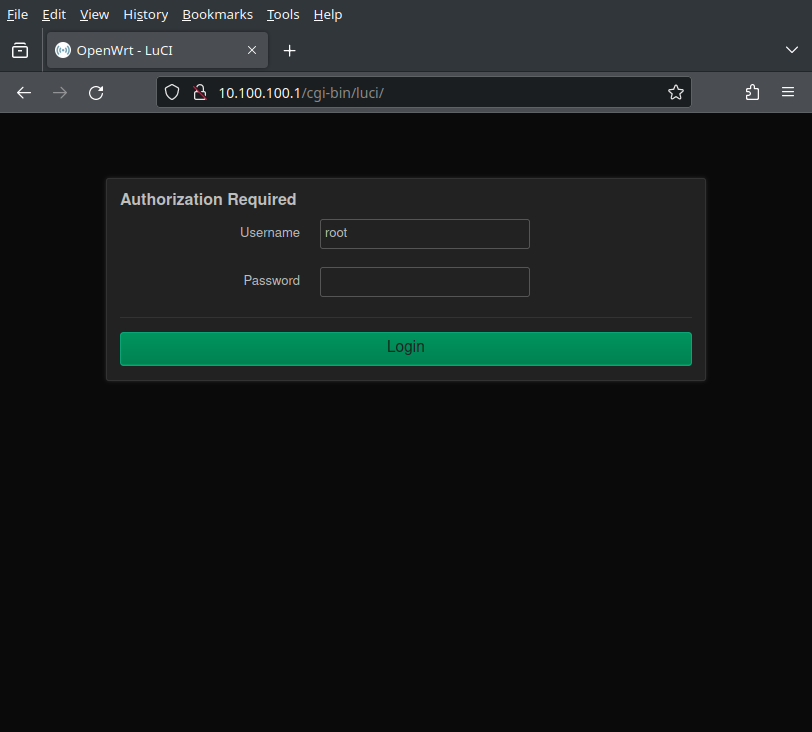 firefox: 10.100.100.1 - LuCI web interface - Login page