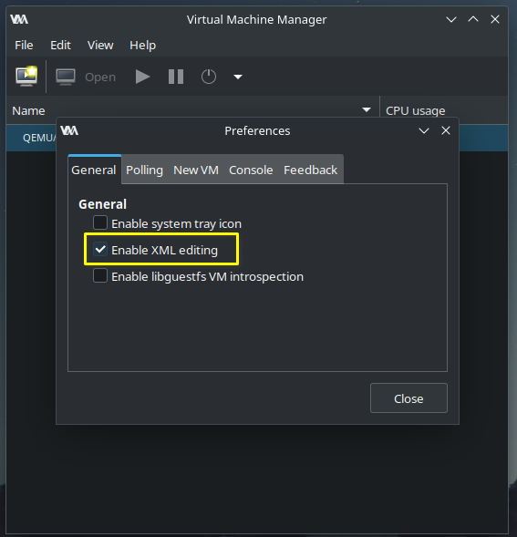 Libvirt -> General -> Enable XML editing