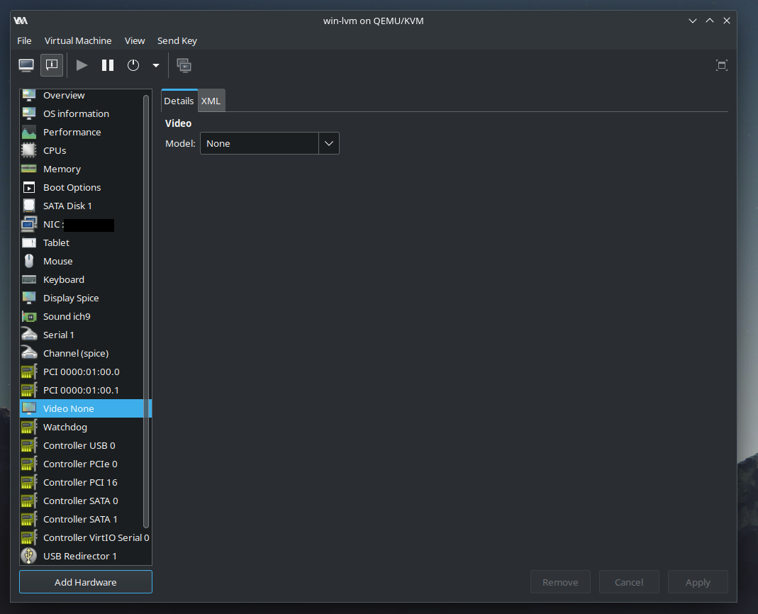 Libvirt domain config -> disable virtual graphics adapter