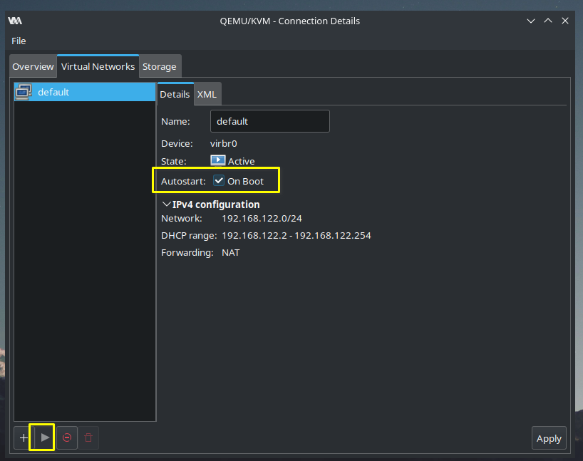 Libvirt -> Enable default network