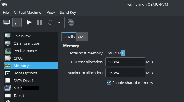 virt-manager - windows vm configration -> memory -> enable shared memory