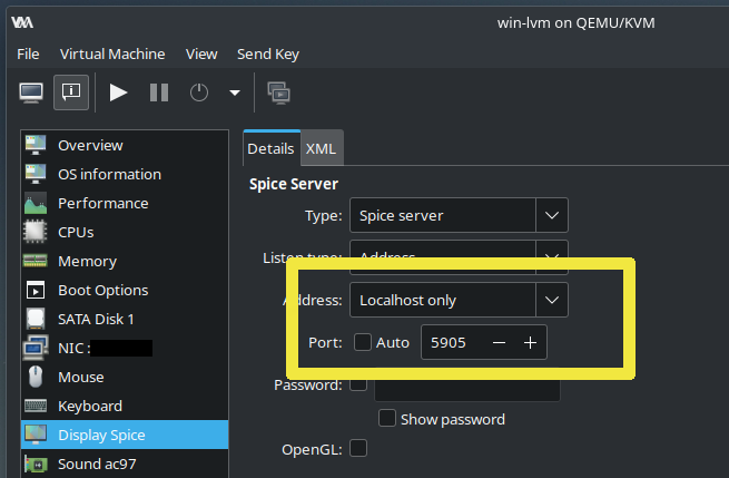 virt-manager - windows vm configration -> Display Spice -> Address: Localhost only, Port: 5905