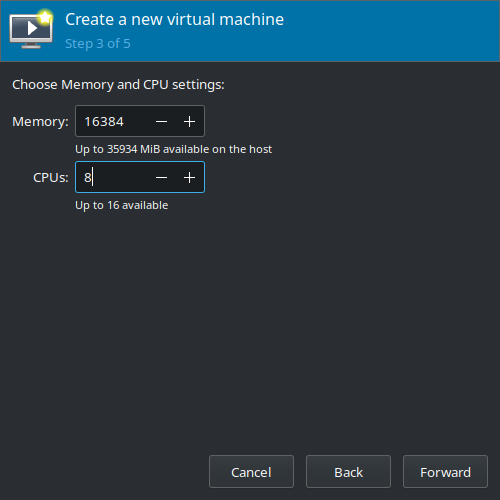 Create a new virtual machine (Step 3) - Memory: 16384MiB, CPU: 8