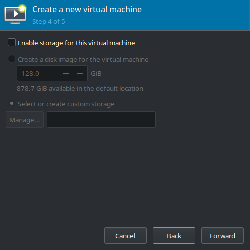 Create a new virtual machine (Step 4) - Disable storage